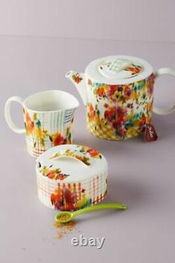 Anthropologie Leighton Floral Watercolor Teapot Creamer & Sugar Pot Set