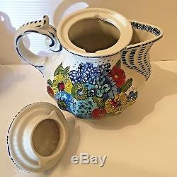 Anthropologie Tea Service Set Teapot Creamer & Sugar Bowl in Blue Ivory Floral