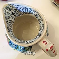 Anthropologie Tea Service Set Teapot Creamer & Sugar Bowl in Blue Ivory Floral