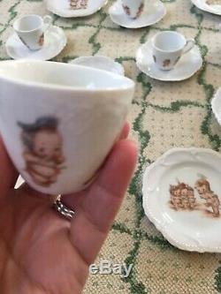 Antique 19 Piece Kewpie Doll Tea Set Teapot Rose O'Neill Wilson Germany Chips