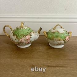 Antique 19th C. T & V Limoges Hand Painted Floral TEAPOT & SUGAR BOWL Signed