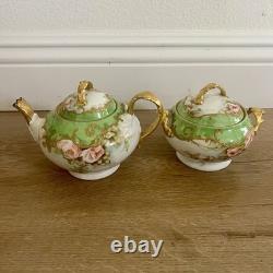 Antique 19th C. T & V Limoges Hand Painted Floral TEAPOT & SUGAR BOWL Signed