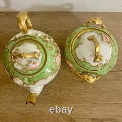Antique 19th C. T & V Limoges Hand Painted Floral TEAPOT & SUGAR BOWL Signed