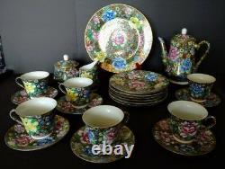Antique 22 Karat Gold Chinese Flowered Tea Pot Set, Creamer, Sugar, Serves-6
