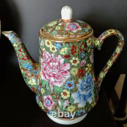 Antique 22 Karat Gold Chinese Flowered Tea Pot Set, Creamer, Sugar, Serves-6