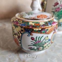 Antique 3 Piece Chinese Famille Rose Medallion Tea Set Teapot Sugar Creamer