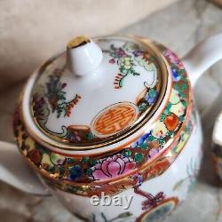 Antique 3 Piece Chinese Famille Rose Medallion Tea Set Teapot Sugar Creamer