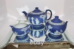 Antique 5 pc Wedgwood Jasperware Blue Tea Set England Teapot Creamer Sugar Bowl
