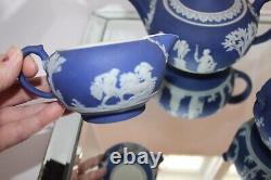 Antique 5 pc Wedgwood Jasperware Blue Tea Set England Teapot Creamer Sugar Bowl