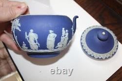 Antique 5 pc Wedgwood Jasperware Blue Tea Set England Teapot Creamer Sugar Bowl