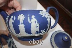 Antique 5 pc Wedgwood Jasperware Blue Tea Set England Teapot Creamer Sugar Bowl