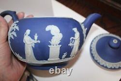 Antique 5 pc Wedgwood Jasperware Blue Tea Set England Teapot Creamer Sugar Bowl