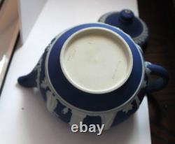 Antique 5 pc Wedgwood Jasperware Blue Tea Set England Teapot Creamer Sugar Bowl