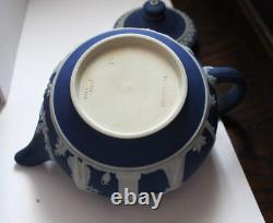 Antique 5 pc Wedgwood Jasperware Blue Tea Set England Teapot Creamer Sugar Bowl