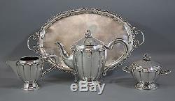 Antique. 800 Solid Silver Teapot, Sugar & Creamer & Tray Tea Set, NR