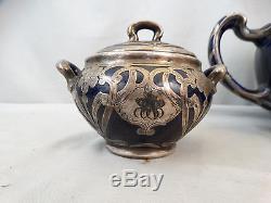 Antique ART NOUVEAU Sterling SILVER OVERLAY Porcelain TEAPOT COFFEE Pot TEA SET