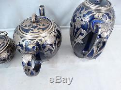 Antique ART NOUVEAU Sterling SILVER OVERLAY Porcelain TEAPOT COFFEE Pot TEA SET