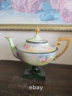 Antique American Belleek Lenox Handpainted Tea Set Teapot Roses Gold Signed