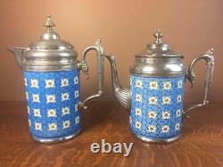Antique Apple Blossom Graniteware Coffee Tea Pot Set Pair Enamelware Pewter Trim