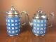 Antique Apple Blossom Graniteware Coffee Tea Pot Set Pair Enamelware Pewter Trim