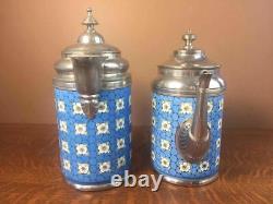 Antique Apple Blossom Graniteware Coffee Tea Pot Set Pair Enamelware Pewter Trim