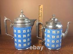 Antique Apple Blossom Graniteware Coffee Tea Pot Set Pair Enamelware Pewter Trim