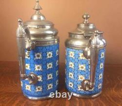 Antique Apple Blossom Graniteware Coffee Tea Pot Set Pair Enamelware Pewter Trim