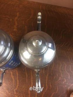 Antique Apple Blossom Graniteware Coffee Tea Pot Set Pair Enamelware Pewter Trim
