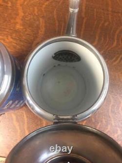 Antique Apple Blossom Graniteware Coffee Tea Pot Set Pair Enamelware Pewter Trim