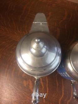 Antique Apple Blossom Graniteware Coffee Tea Pot Set Pair Enamelware Pewter Trim