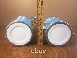 Antique Apple Blossom Graniteware Coffee Tea Pot Set Pair Enamelware Pewter Trim