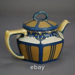 Antique Arts & Crafts German Mettlach Pottery Tea Set, Hand Painted Tree Design