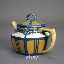 Antique Arts & Crafts German Mettlach Pottery Tea Set, Hand Painted Tree Design