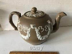 Antique Brown Jasperware Lion Head Tea Set Teapot Sugar Creamer Wedgwood Dudson