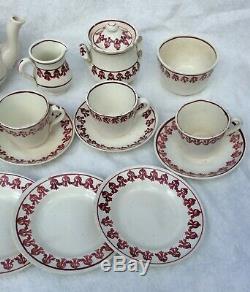 Antique Child Ironstone Set Spongeware Spatterware Tea Pot Waste Bowl Red Teapot