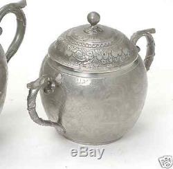 Antique Chinese China Export Pewter Tea Set Pot Bowl Creamer Tray 1900