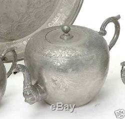 Antique Chinese China Export Pewter Tea Set Pot Bowl Creamer Tray 1900