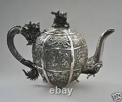 Antique Chinese China Export Solid Silver Tea Set Pot Bowl Creamer 1850