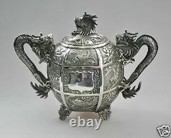 Antique Chinese China Export Solid Silver Tea Set Pot Bowl Creamer 1850