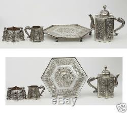 Antique Chinese China Export Solid Silver Tea Set Pot Bowl Creamer Tray 1850