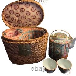 Antique Chinese Famille Green Gilded Teapot and Teacup Cup with Basket 19th C