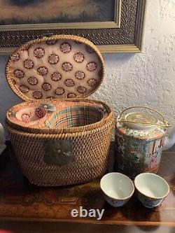 Antique Chinese Famille Green Gilded Teapot and Teacup Cup with Basket 19th C