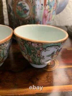 Antique Chinese Famille Green Gilded Teapot and Teacup Cup with Basket 19th C