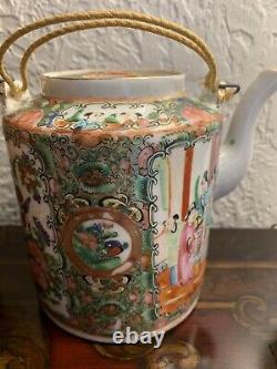 Antique Chinese Famille Green Gilded Teapot and Teacup Cup with Basket 19th C