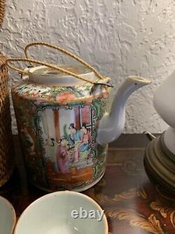 Antique Chinese Famille Green Gilded Teapot and Teacup Cup with Basket 19th C