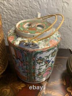Antique Chinese Famille Green Gilded Teapot and Teacup Cup with Basket 19th C