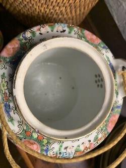 Antique Chinese Famille Green Gilded Teapot and Teacup Cup with Basket 19th C