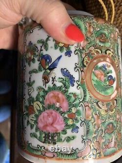 Antique Chinese Famille Green Gilded Teapot and Teacup Cup with Basket 19th C
