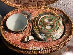 Antique Chinese Famille Green Gilded Teapot and Teacup Cup with Basket 19th C