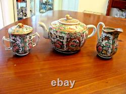 Antique Chinese Famille Rose Medallion Birds Floral Teapot Creamer Sugar Set Exc